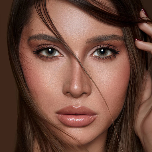 Close-up of a woman with brown hair and makeup against a brown background